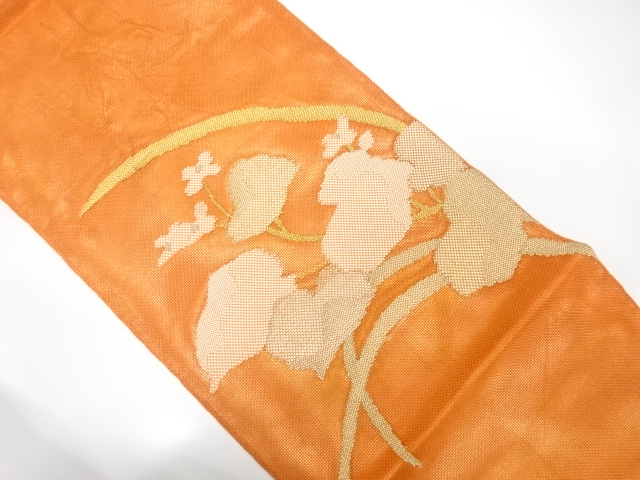 JAPANESE KIMONO / ANTIQUE FUKURO OBI FOR SUMMER / SILK / WOVEN LEAVES